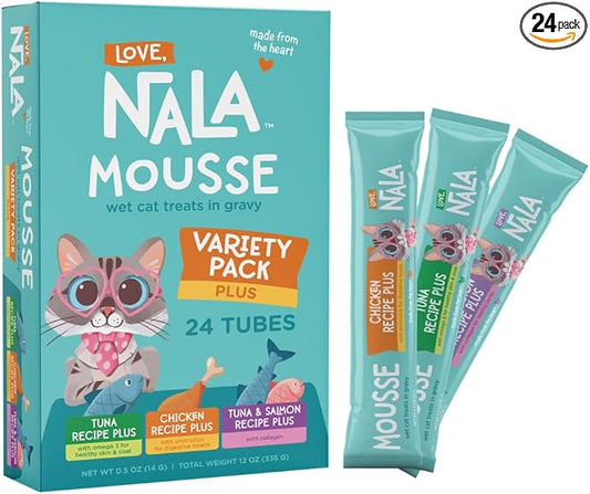 LOVE, NALA - Natural Lickable Cat Squeeze Up Treat,Topper - Variety Plus Pack Mousse - Wet Food Cat Puree - Grain Free, Non_GMO Minerals, Vitamins - 24 Pack