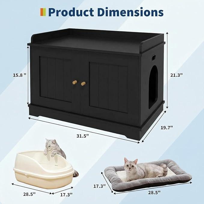 Cat Litter Box Enclosure Furniture with Barn Door & Display Shelf, Wooden Hidden Litter Box Cover, Dog-Proof Design for Multiple Cats, Modern Cat House Furniture to Fit Most Litter Boxes - Black