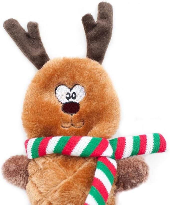 ZippyPaws - Jigglerz Holiday Tough No Stuffing Squeaky Plush Dog Toy with Crinkle Head and Tail - Reindeer