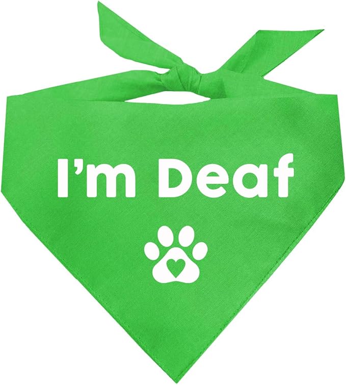 I'm Deaf Dog Bandana | 100% Adjustable Cotton Triangle | Made in USA | Deaf | Impaired | Hearing Loss Accessory | Warning | (Lime Green, XS 412)