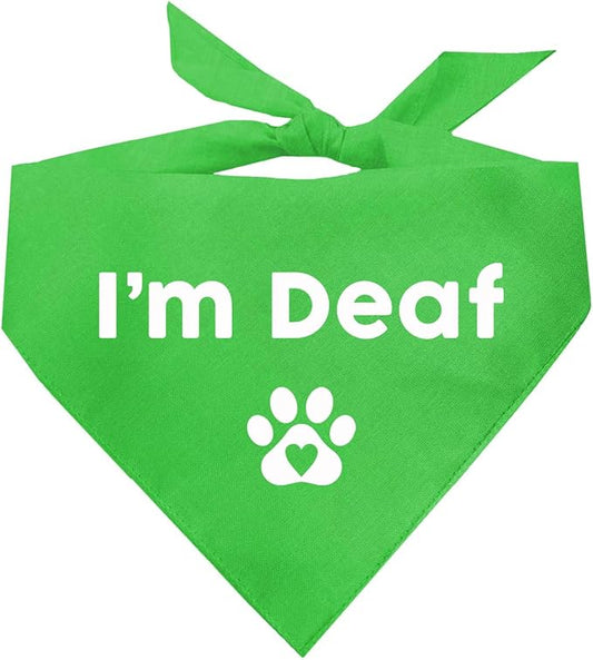 I'm Deaf Dog Bandana | 100% Adjustable Cotton Triangle | Made in USA | Deaf | Impaired | Hearing Loss Accessory | Warning | (Lime Green, XS 412)