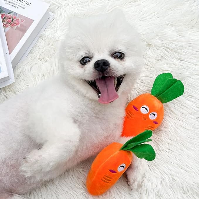 2 Pcs Soft Puppy Pet Supplies, Cute Orange Carrot Plush Chew Squeaker Sound Squeaky Toys for Dog Cat Birthday Xmas Gifts