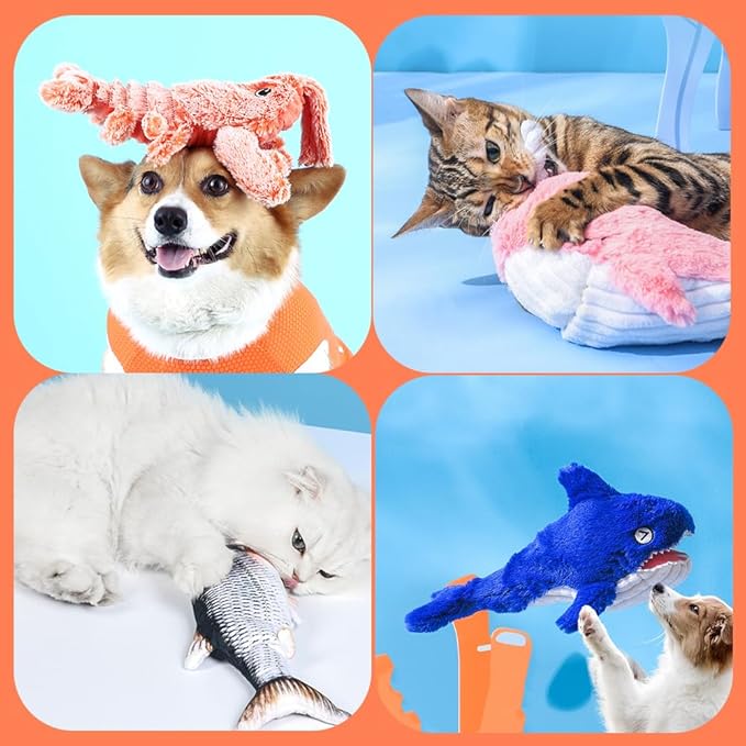 Floppy Narwal Interactive Dog Toy, Funny Wiggly Narwal Dog Toy for Small/Medium/Large Dogs, USB-Rechargeable Dog Chewing Teething Moving Toy for Indoor Outdoor Puppy and Cats