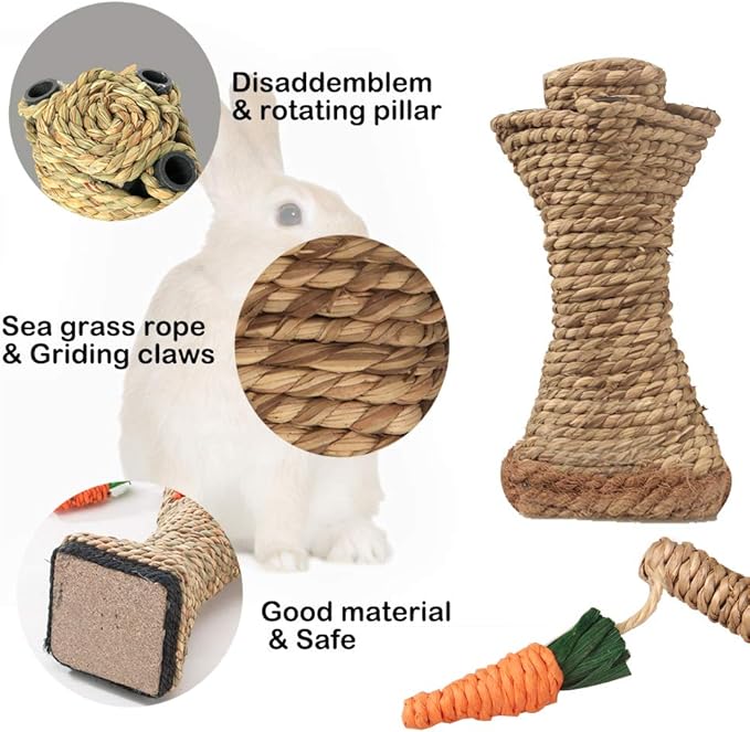 Bunny Chew Toys, Rabbit Scratching Climbing Tree with Carrot Shaped Toy, Handwoven Seagrass Chew Toy for Rabbits, Cats, Hamsters, Gerbils Teeth Grinding