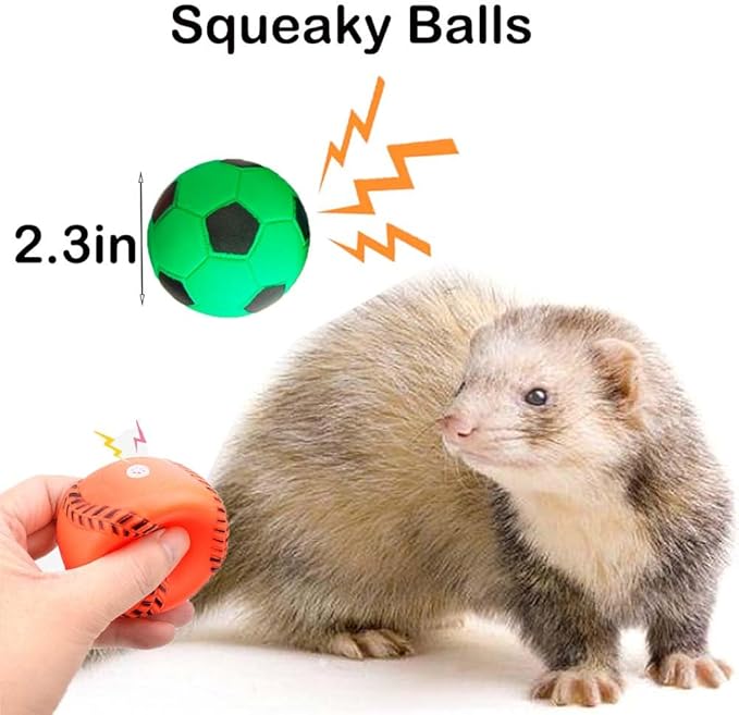 12 pcs Ferret Squeaky Toy Balls Squeaker Toys Teething Colorful Bouncy Rubber Bell Balls Mylar Crinkle Interactive Sound Toy Exercise Scratch Chew Toys for Ferrets Pet Cat Dogs