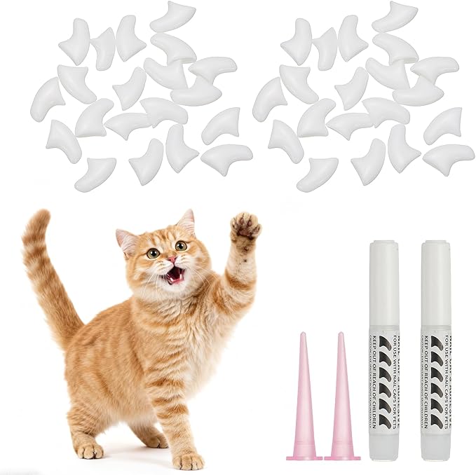 Cat Nail Caps, Cat Claw Covers with Adhesive Glue and Applicators, Kitten Claw Caps Soft Paws, (40 Pcs, S, White), Intended for Pet Tips/Nail Covers/Control Paws