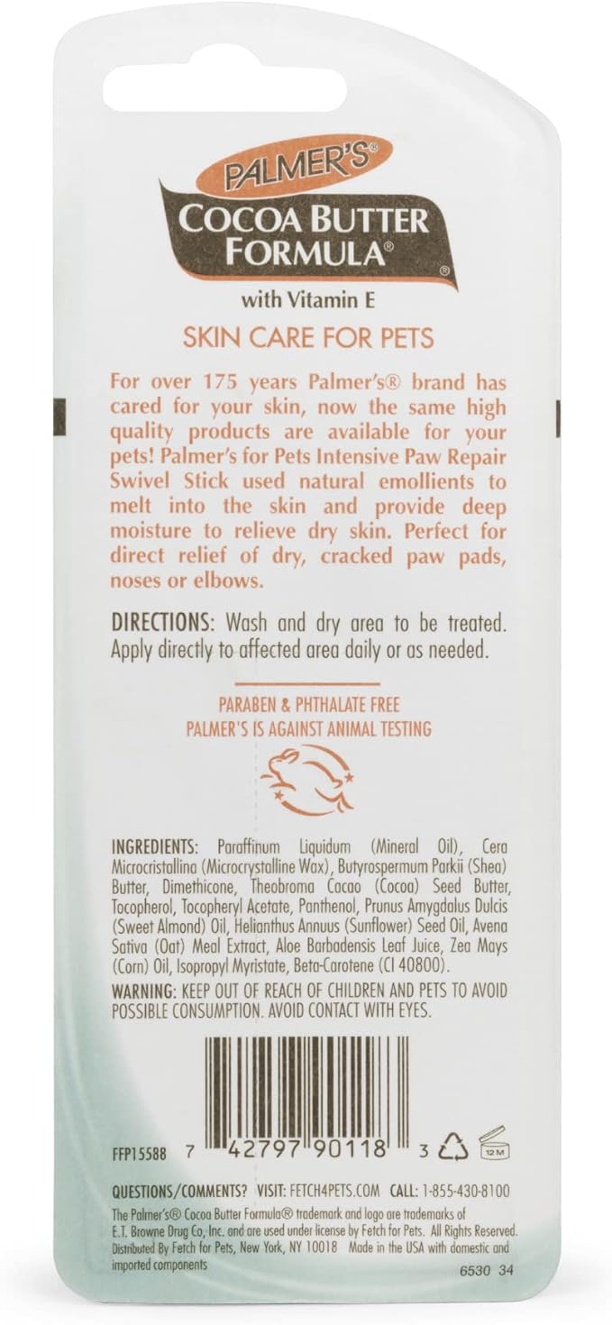 Palmer's Cocoa Butter Fragrance Free Intensive Paw Repair Swivel Stick for Dogs Cocoa Butter Paw Balm with Vitamin E,Peppermint Oil,and Shea-Butter for Rough & Dry Pads-for Dogs -0.5 oz,(Pack of 2)