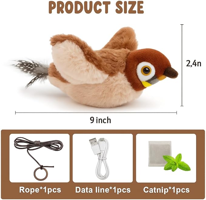 Flappy Bird Cat Toy – Interactive Flapping & Chirping Bird Toy for Cats (No Flying), Indoor Cat Toy for Exercise & Play, Durable Chew Toy, Catnip Toy for Kitten or Small Dogs (Large 9x3")