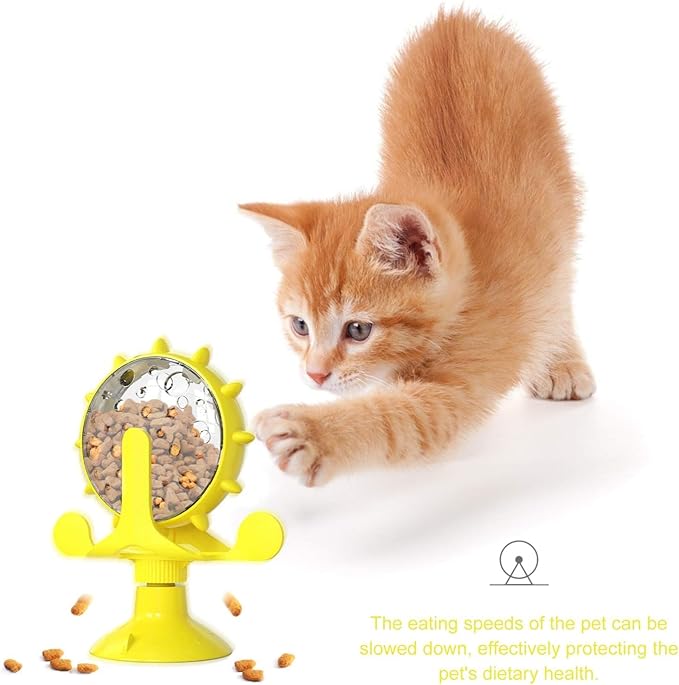 Food Spinning Windmill, Windmill Dog Treat Dispenser, 360°Rotating Treat Dispenser Toy with Suction Cup, Fun Multi Layer Rotating Turntable for Pet Toys (Yellow+Green)