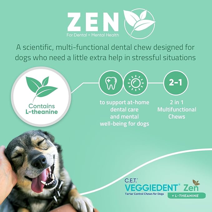 Virbac C.E.T.® VEGGIEDENT® Zen Tartar Control Chews for Dogs - Multifunctional to Support Mental Well-Being, VOHC Approved - Large Dogs Over 66lbs