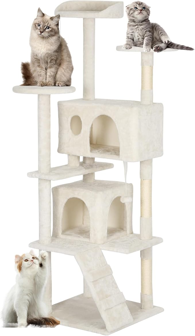 FDW | 62" Cat Tree Tower | Beige | Multi-Level Indoor Activity Center with Sisal Scratching Posts, Condos, Plush Perches, Hanging Cat Toys | Sturdy, Easy to Assemble | for Kittens & Adult Cats