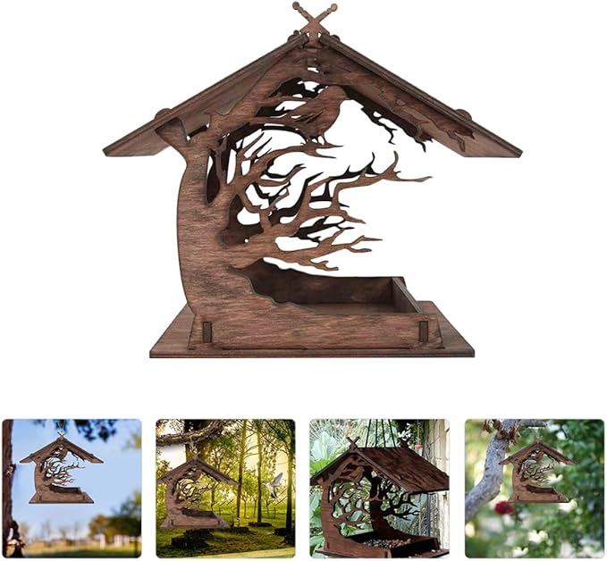 Milisten Wooden Decorative Bird Feeder House with Hanging Bird Food Container for Garden Outdoor Nesting and Wildlife Feeding, Brown Wood DIY Birdhouse for Backyard Birding