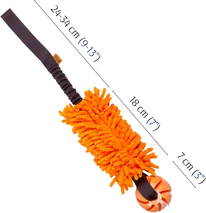 Dingo tug Toy for Dog, for Outdoor Indoor Play and tug of war, Bungee Handle, Soft Shaggy Nubby Like Plush Noodle and TPR Rubber Ball, Orange 15586
