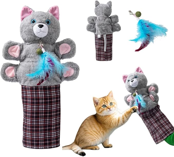 Interactive Cat Wrestling Puppet Toy with Feather Teaser - Thickened Bite-Resistant Training Glove for Safe Play, Realistic Prey Mimicry for Indoor Cats, Boredom Relief & Exercise, Grey