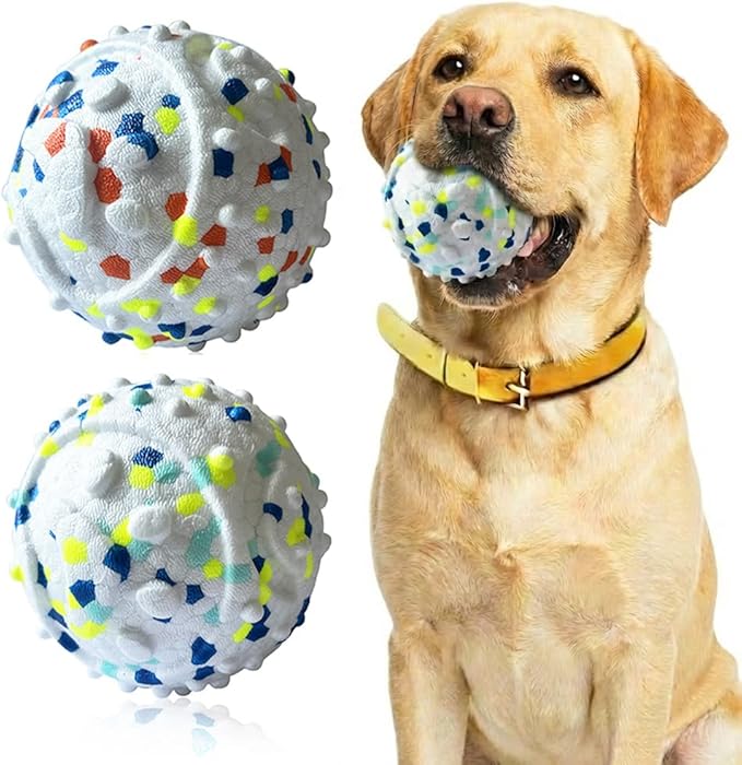 2Pack Dog Ball Squeak Toys Indestructible Dog Ball Float On Water Fetch Bouncy Durable Solid Rubber Ball for Puppy Small and Medium Dogs Playing Toys (Bell Ball 2Pcs White)