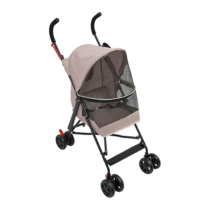 4-Wheel Pet Travel Stroller, Foldable & Lightweight Dog Cat Cage Jogger Stroller, Breathable and Visible Mesh for Small & Medium Dogs & Cats (Up to 22lbs) (Pink)