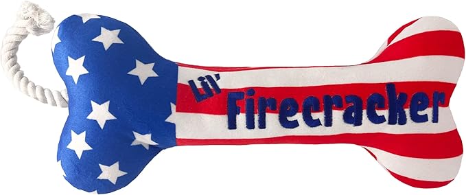 Huxley & Kent for Dogs | Lil' Firecracker Bone (Large) | 4th of July Funny Dog Toy | Power Plush Dog Toy with Squeaker | Dog Gift | Fun, Durable, and Safe | H&K Squeaky Dog Toy