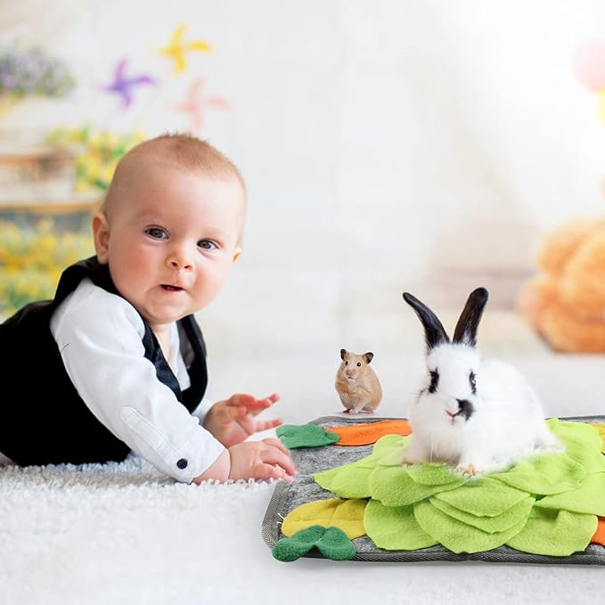 Rabbit Foraging Mat, Rabbit Toy 11.8"x11.8" Rabbits Snuffle Mat Machine Washable Polar Fleece Funny Interactive Nosework Feeding Mat Treat Dispenser for Bunny Guinea Pigs Ferrets Chinchillas