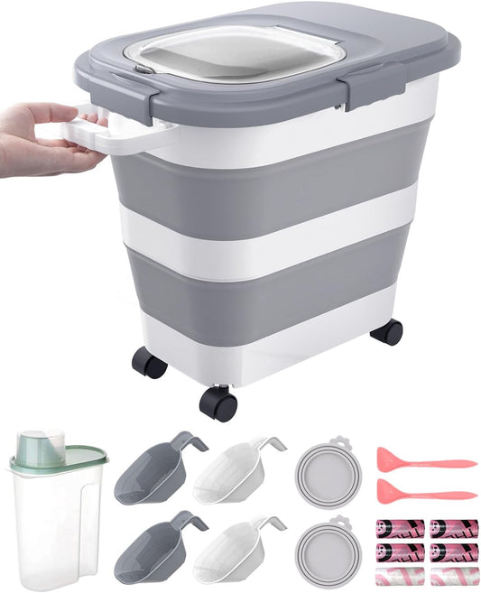 23-25 Lbs Airtight Dog Food Storage Container,Collapsible Pet food storage Container,All-in-One Cat Food Container Set with Scoops,Can Covers & Can Opener Spoons,Small Bin and Waste Bags