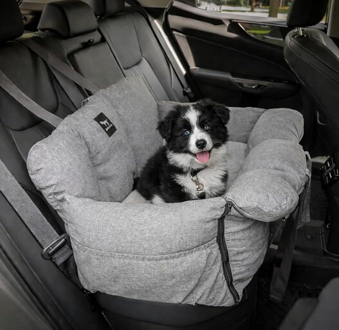 JACKO & CO Premium Dog Car Seat – Safe & Cozy Travel Bed Carrier for Small Dogs, Puppies, Pets, Clip-On Leash, Storage Pockets, Water-Resistant, Machine Wash (Grey, Removable - Medium (25-40lbs))