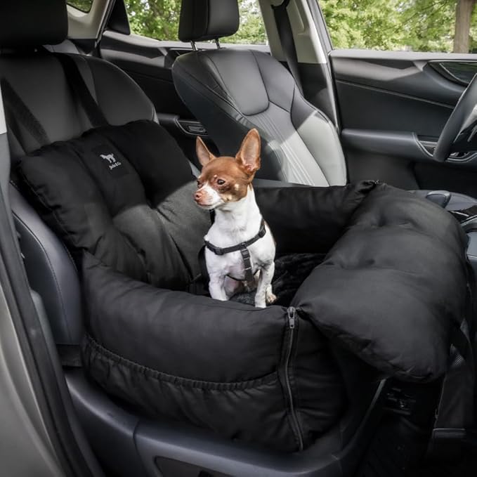 JACKO & CO Premium Dog Car Seat – Safe & Cozy Travel Bed Carrier for Small Dogs, Puppies, Pets, Clip-On Leash, Storage Pockets, Water-Resistant, Machine Wash (Black, Removable - Small (1-25lbs))
