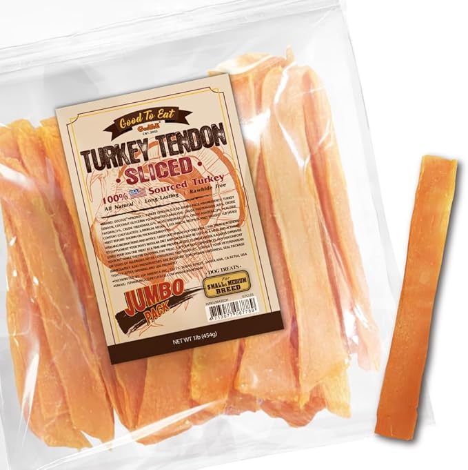 Gootoe Turkey Tendons for Dogs –All-Natural, Hypoallergenic Dog Treats, Rawhide Alternative, Long Lasting Puppy Chews, Healthy Dog Treats for Medium Breeds, Sliced (M), 1 lb
