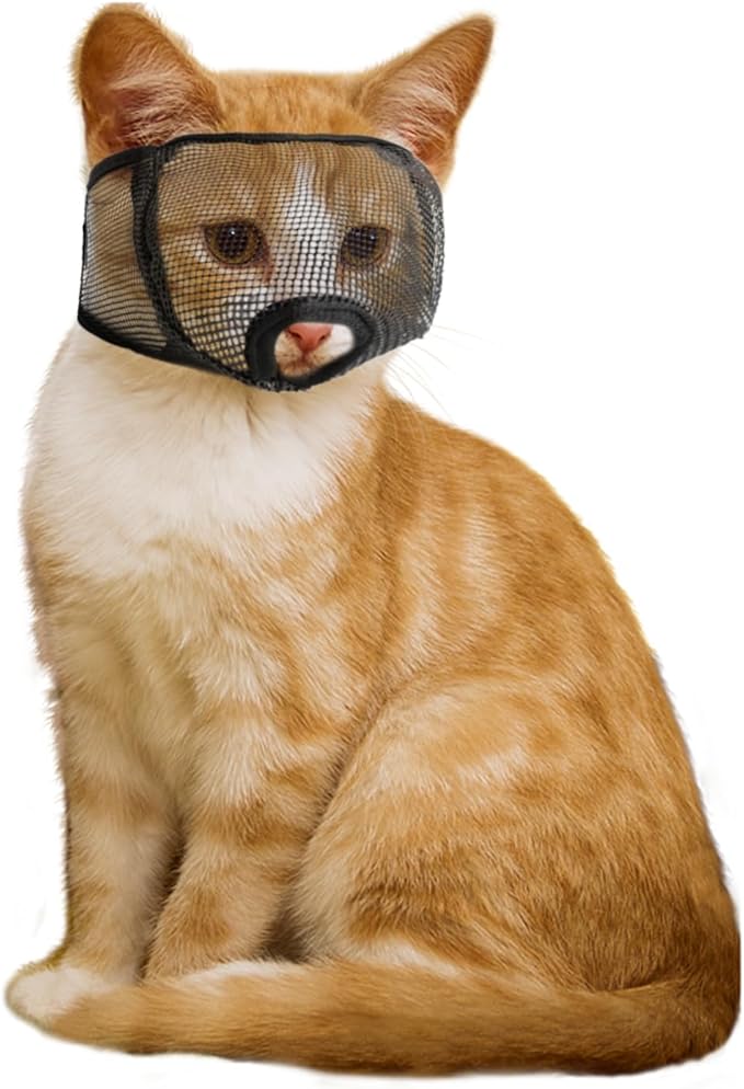Cat Muzzle for Grooming Nail Trimming with Soft Mesh Covered, Prevent Biting Chewing(L,Black)