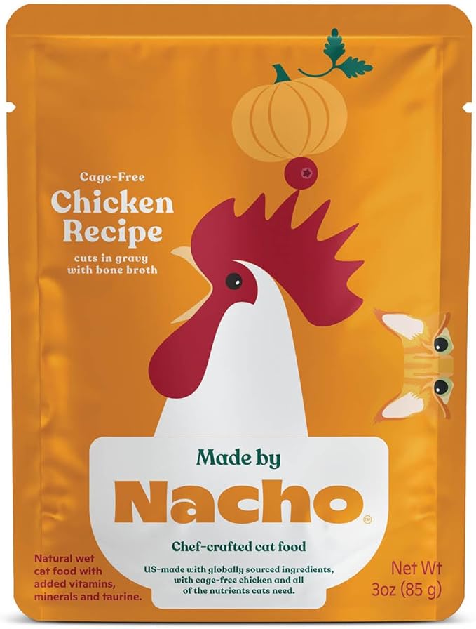 Made by Nacho Wet Cat Food, Cuts in Gravy, Limited Ingredients, Cage-Free Chicken Recipe with Bone Broth for Extra Hydration, (12) 3 oz. Pouches, Limited Ingredients