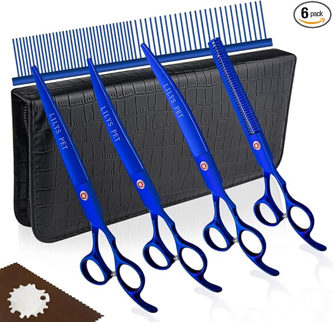 Professional PET DOG Grooming Coated Titanium scissors suit Cutting&Curved&Thinning shears (7.5 inches, Blue)…