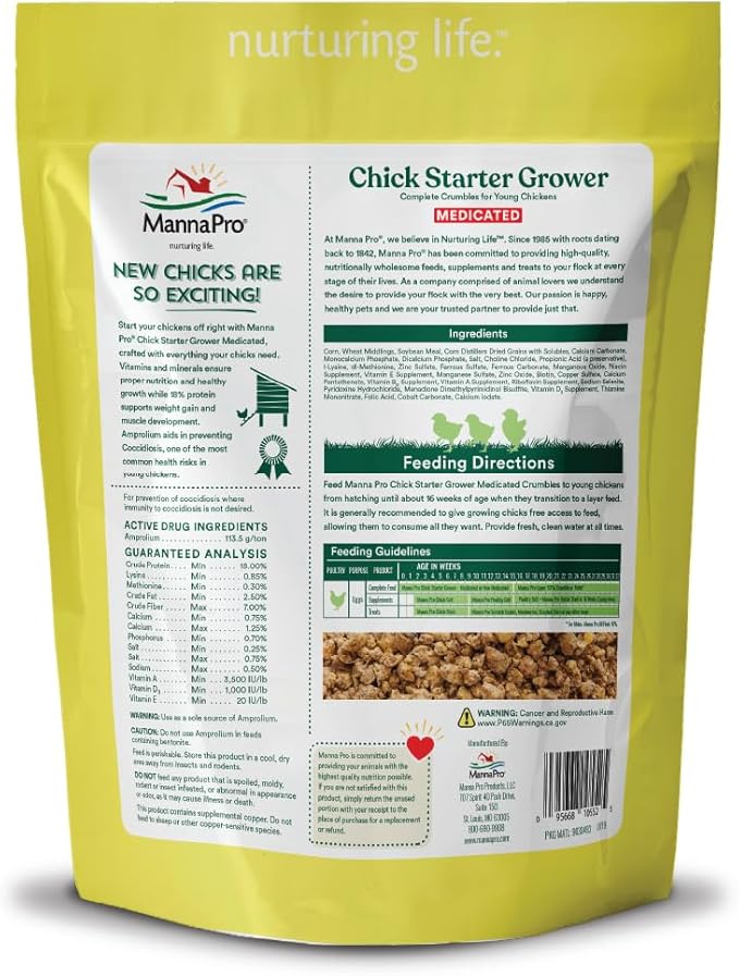 Manna Pro Medicated Chick Starter Grower Feed, Dried High Protein Chicken Food Crumbles with Amprolium for Coccidiosis Prevention, Complete Chicken Feed for Baby Chicks, 5 lb Bag