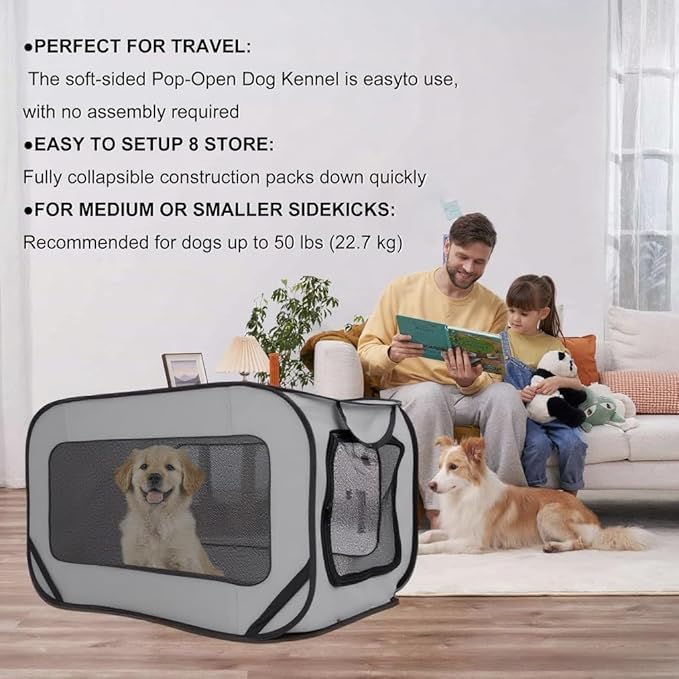 36 Inch Foldable Dog Kennel for Large Dogs, Portable Waterproof Pop-Up Pet Crate, Indoor Outdoor Travel Car Seat Kennel（Grey）