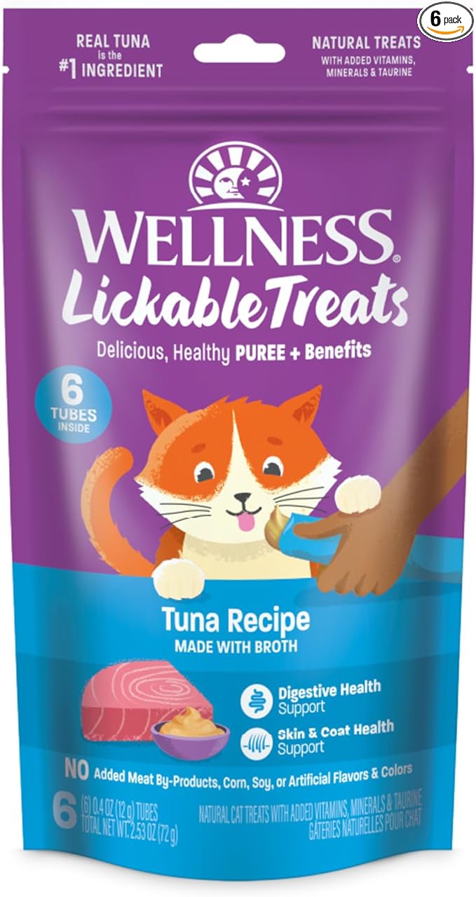 Wellness Lickable Soft Puree Cat Treats, All Lifestages, Kitten to Senior, Natural, Grain Free, Tuna Flavor, 0.4 oz, Pack of 6 Tubes