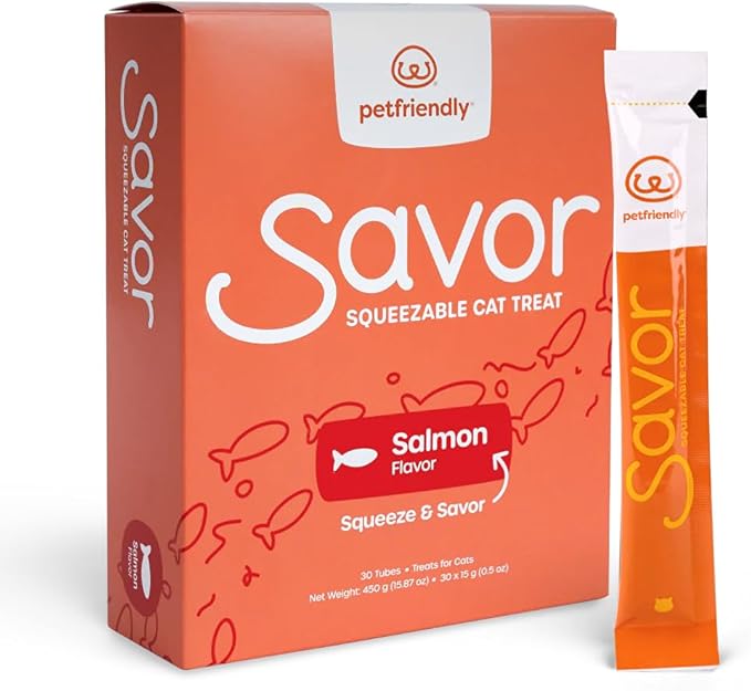 PetFriendly Lickable Cat Treat Kit, Squeeze Treat, 1 Box of 30 Squeezable Cat Tubes, 0.5 oz Per Tube (Salmon)