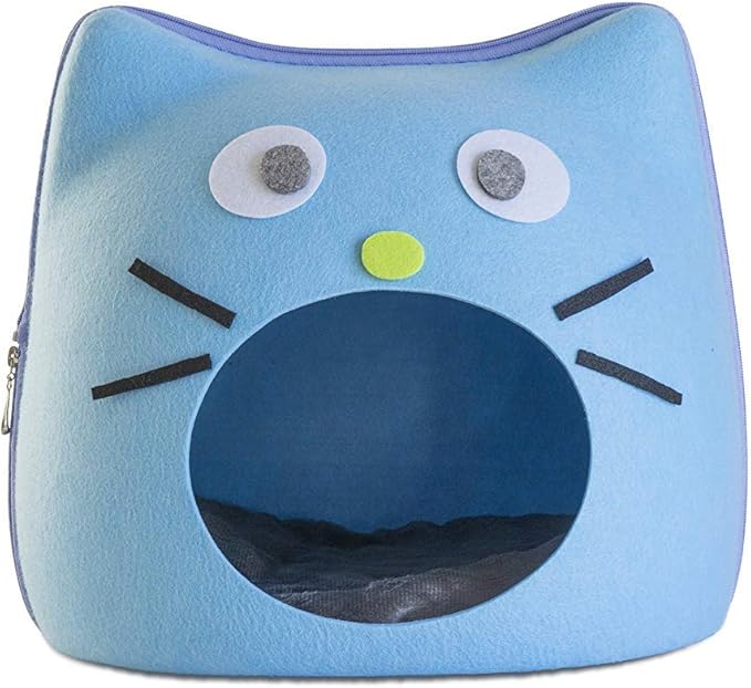 Furhaven Cat Cave for Indoor Cats, Lightweight & Stackable - Cat Shaped Face Décor Felt Cubby Hideaway - Light Blue, One Size