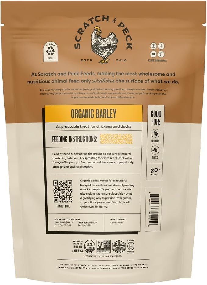 Scratch and Peck Whole Barley Chicken, Duck and Livestock Supplemental Grain - 10 lbs Bag - 8.5% Protein, Certified Organic and Non-GMO Project Verified Chicken Food