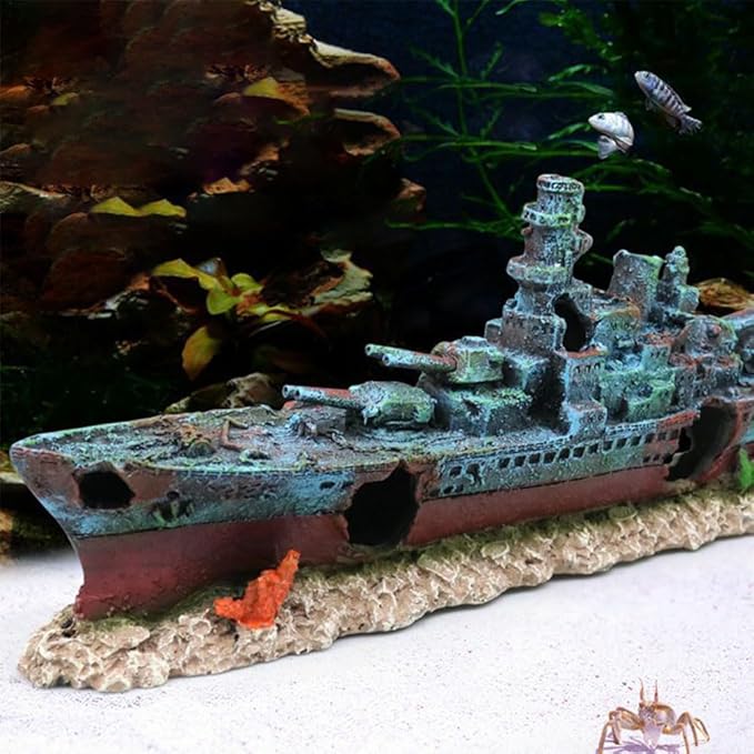 Aquarium Creative Warship Wreckage Ornament - Sunken Pirate Ship Decor for Fish Tank, Artificial Coral Reef Hideout Cave with Aquatic Plants, Unique Underwater Landscape Centerpiece for Aquatic Pets