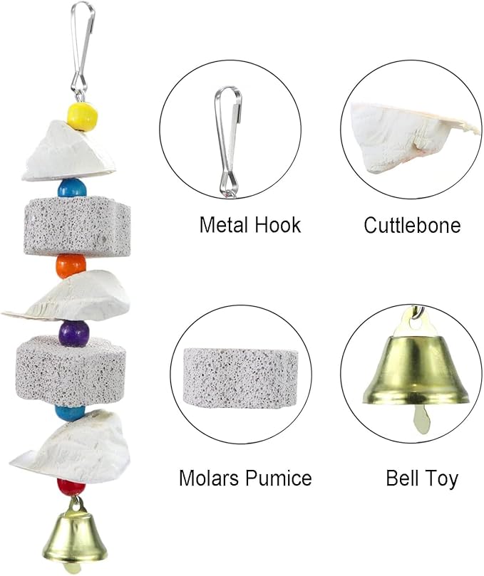 2Pcs Bird Beak Trim Cuttlebone Calcium Stone Lava Block Chew Toy Grinding Teeth Natural Minerals with Bell for African Greys Amazon Conure Eclectus Budgies Parakeet Cockatiel Hamster Chinchilla Rabbit