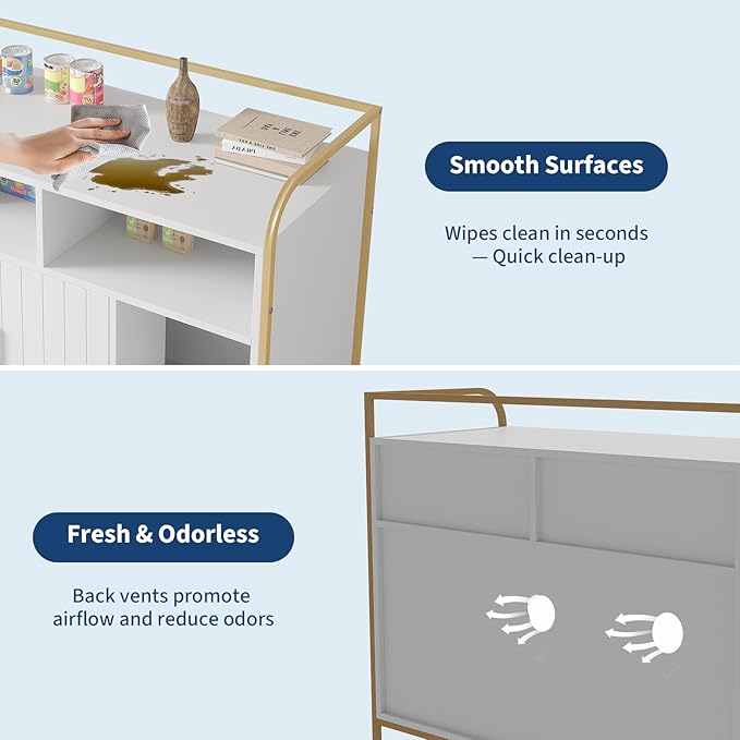 Garvee Cat Litter Box Enclosure Furniture Wooden Hidden Indoor Cat Washroom House Cabinet with 2 Open Compartments Scratching Mat Double Door Storage Cabinet Front Entry Air Vents Metal Frame