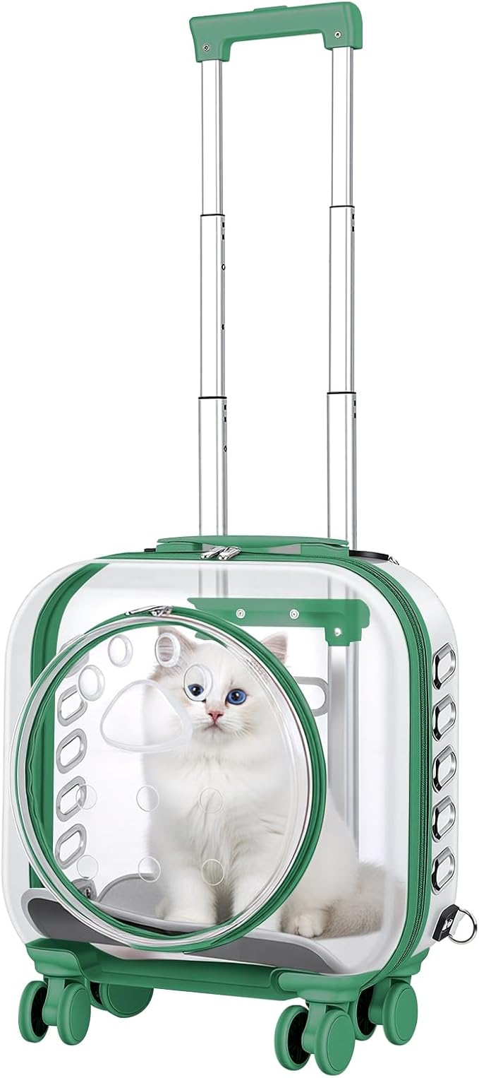Cat Carrier Hard Shell Transparent Pet Trolley Box with Wheels, Pet Rolling Backpack with Telescopic Handle, Detachable Shoulder Strap, for Travel Outdoor Green