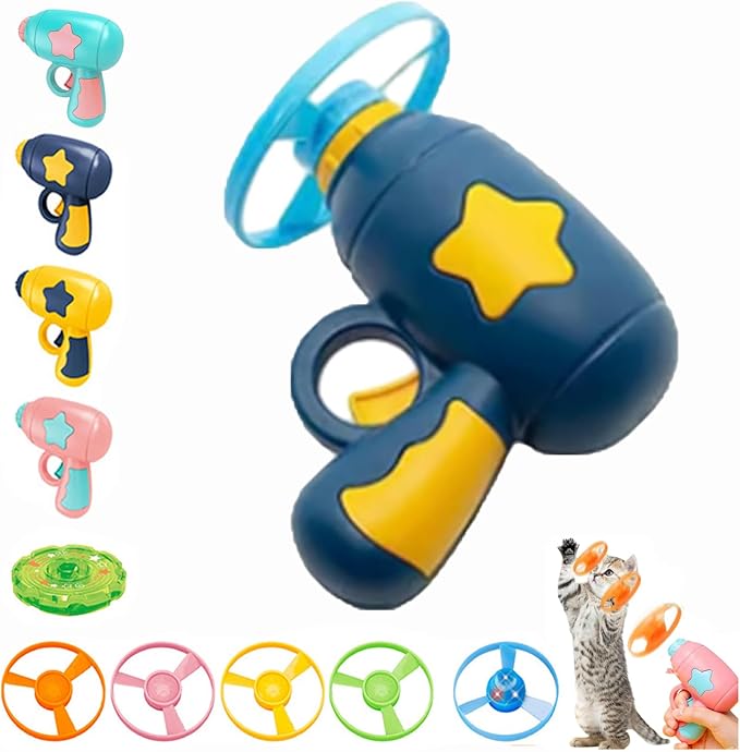 Bamboo Dragonfly Catapult Pistol, Bamboo Dragonfly Catapult Launcher, cat Fetch Toy Flying disc Saucer Launcher, Cat Fetch Toy with Colorful Flying Propellers Set (Dark Blue)