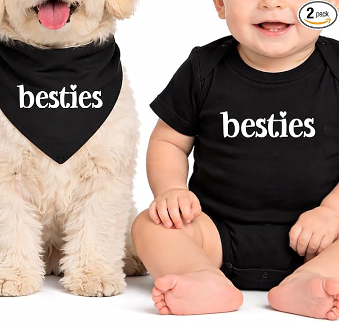 Besties Best Friends Matching Set Dog Bandana & Baby Unisex Short Sleeve Bodysuit Black, 6M 552