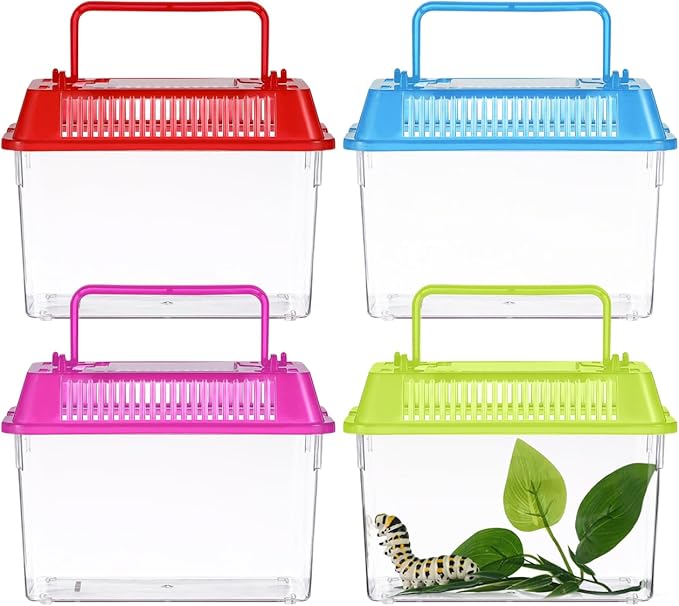 Portable Fish Tank 4-Pack Handheld Aquarium 5.90X4.33X3.74In Transparent Turtle Box Plastic Fish Carrier with Handle for Small Reptiles and Hamsters