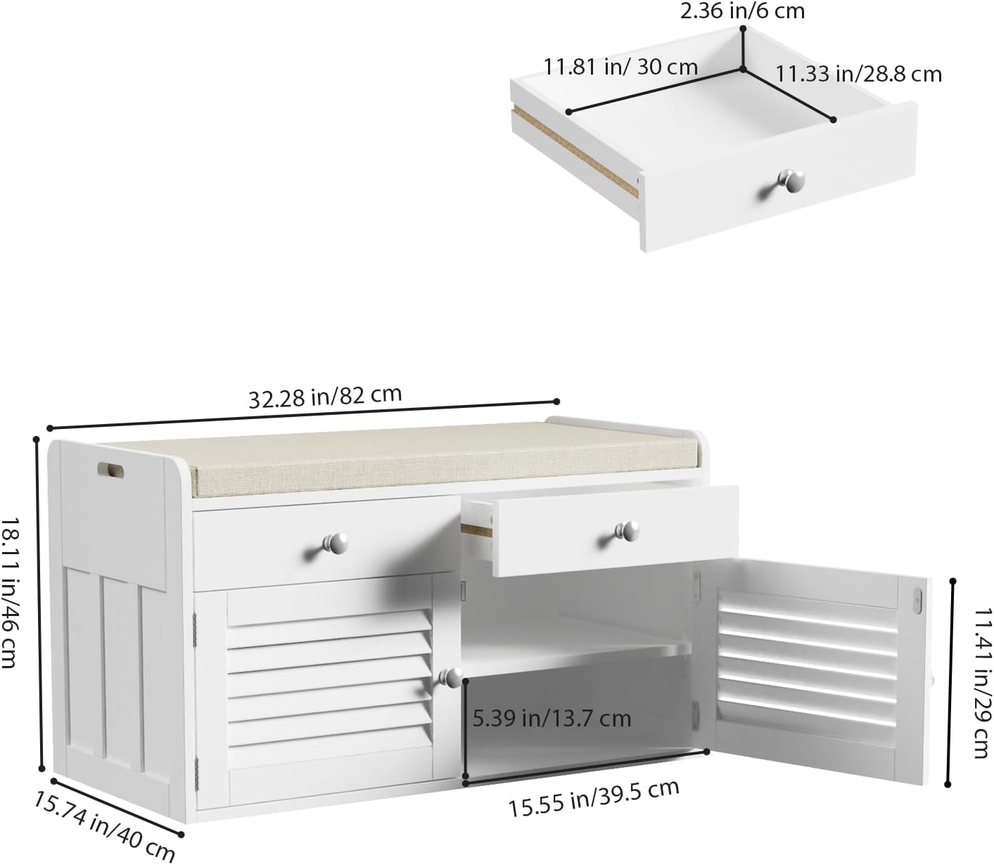 Shoe Storage Bench with 2 Drawers & 2 Doors, Entryway Bench with Cushion, 2 Adjustable Shelves, Shoe Cabinet for Entryway, Living Room, Hallway, Mudroom, Bedroom, White