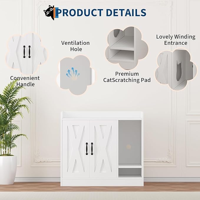 Cat Litter Box Enclosure, Hidden Litter Box Cabinet Furniture with Divider, Indoor Cats House, Wooden Cat Washroom Storage Cabinet Bench, Side End Table Nightstand, 33.07" l × 23.62" w × 23.92" h