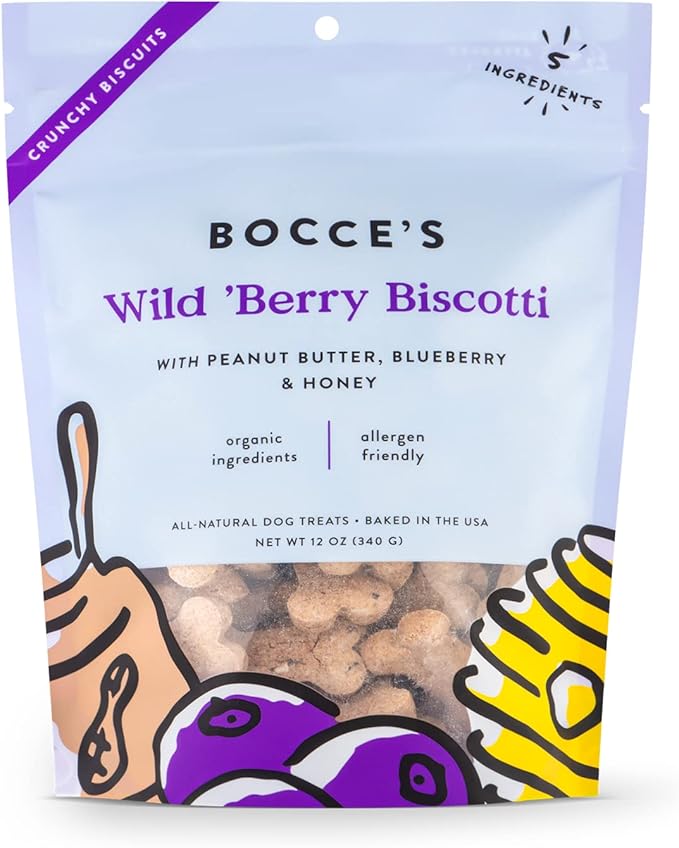 Bocce's Bakery All-Natural, Small Batch, Organic Dog Treats, Wild 'Berry Biscotti Biscuits, Wheat-Free, Limited-Ingredient, Made in The USA with 100% Recyclable Packaging, 12 oz Bag