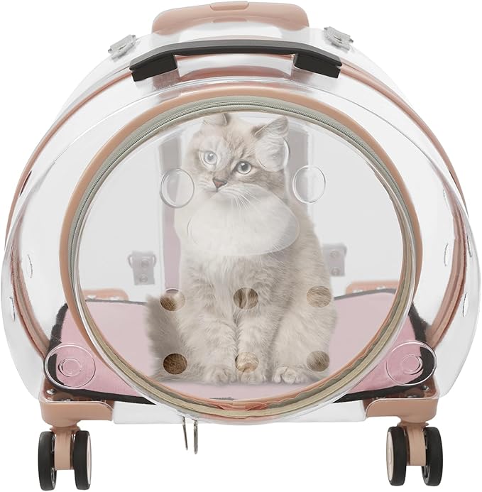 Cat Carrier with Wheels Transparent Hard Cat Carrier with Soft Mat Pet Trolley Case Pet Backpack for Cats Small Dog, 15.7" X 10.6" X 17.7" (Pink)