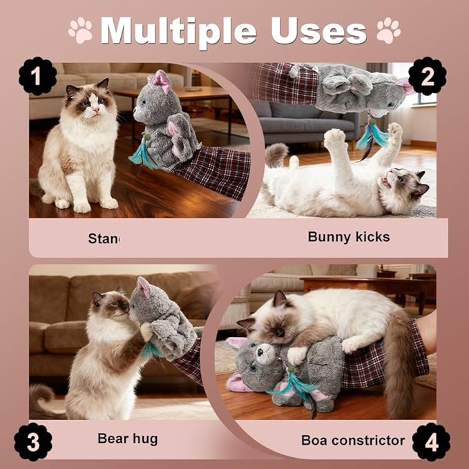 Interactive Cat Wrestling Puppet Toy with Feather Teaser - Thickened Bite-Resistant Training Glove for Safe Play, Realistic Prey Mimicry for Indoor Cats, Boredom Relief & Exercise, Grey