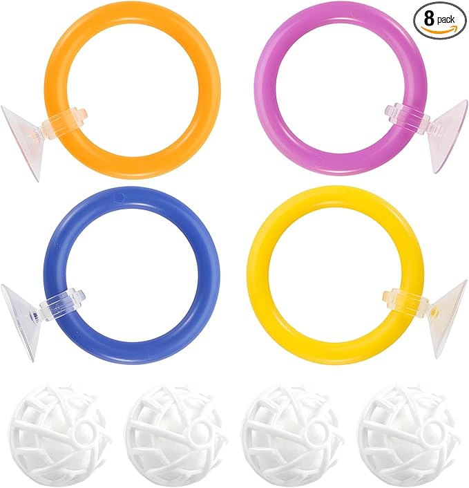8 Pcs Betta Fish Toys, 4Pcs Betta Fish Tank Accessories and Turtle Toys for Aquatic Turtles with 4 Filter Balls (40mm), Aquarium Training Feeding Ring