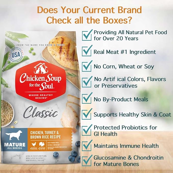 Chicken Soup for the Soul All Natural Premium Senior/Mature Dry Dog Food, Real Meat First Ingredient, No By-Products, Supports Joint Health and Mobility, Chicken, Turkey & Brown Rice, 28lb