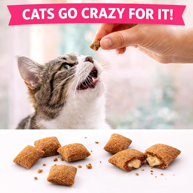 Calming Cat Treats for Indoor Cats – Crunchy Pillow Bites Gooey Center – Catnip Chicken Cheddar Low Calorie Kitty Treats – Cat Snacks Food Topper Wheat Soy Free Healthy Dental – 3oz Resealable